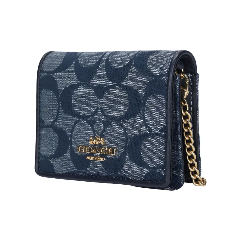 COACH Chambray With Smooth Leather Chain Wallet Clutch, Shoulder Bag, Crossbody Bag Mini Women's Denim Blue-1