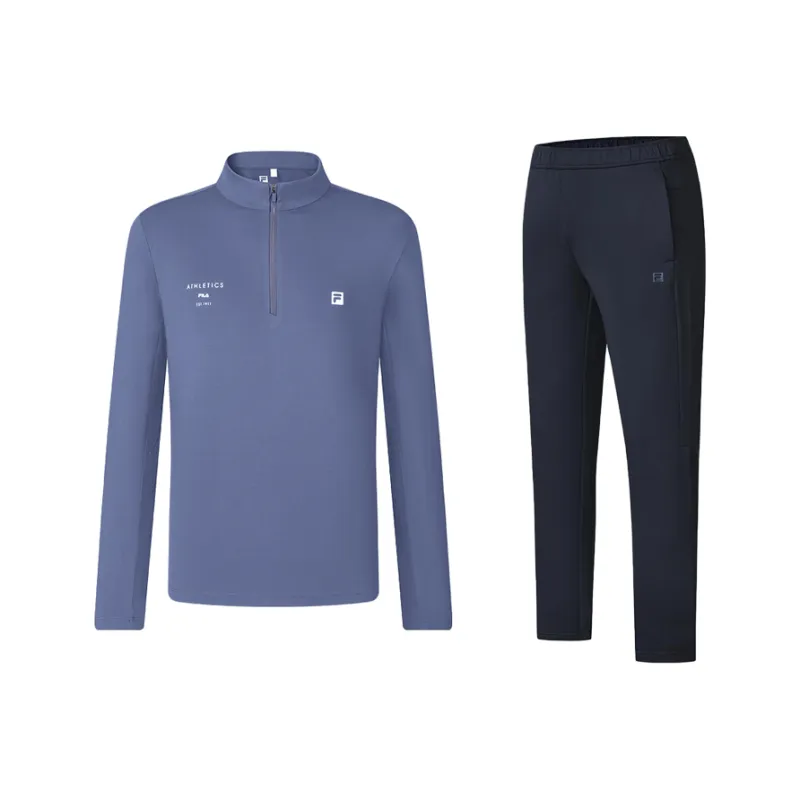 FILA Casual Sportswear Men Clothing Sets Light Gray Blue T Shirt+Legend Blue Pants-0
