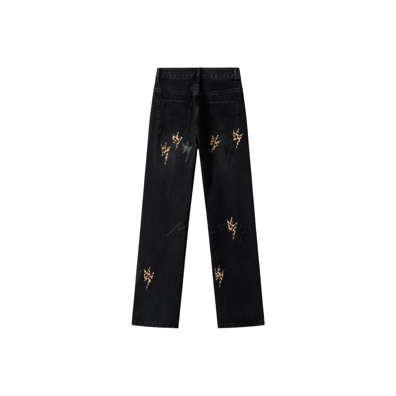 BLANC & ECLARE Brand Logo Print Relaxed Cool Mid Rise Jeans Unisex Black Leopard Print-5