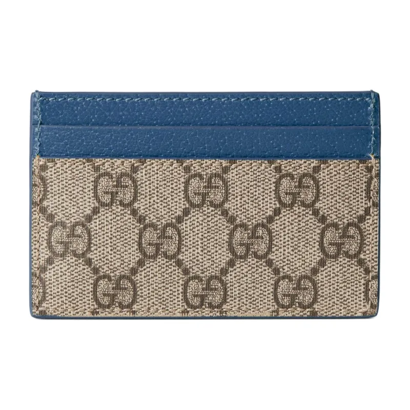 GUCCI Canvas With Leather Trim Card Holder Men's Blue & Dark Brown-2