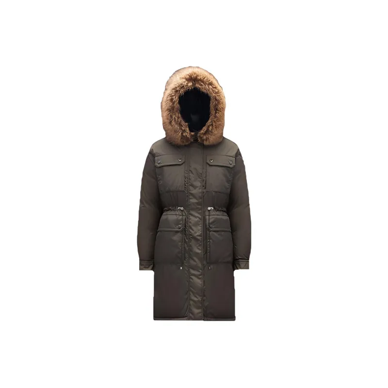 Moncler FW22 Solid Color Hooded Fitted Thickened Mid-Length Down Jacket Women's Green-0