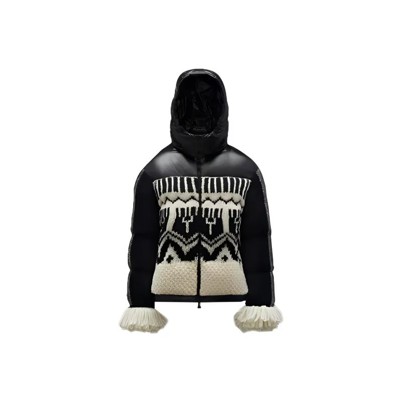 Moncler FW21 Geometric Pattern Abstract Pattern Hooded Cropped Down Jacket Women's Black Silk White-0