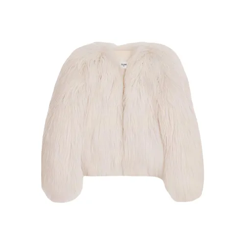 CELINE Crew Neck Jacket In Long Goat Hair Jackets Coats Women's Light Brown