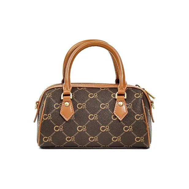 COOGI Synthetic Leather Boston Bag Handbag Large Size Women's Ecru/Coffee-3