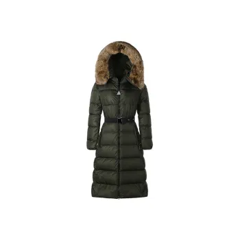Moncler Solid Color Hooded Long Down Jacket Women's Dark Army Green