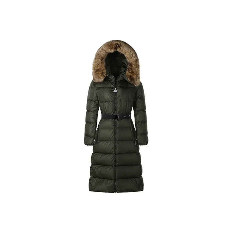 Moncler Solid Color Hooded Long Down Jacket Women's Dark Army Green-0