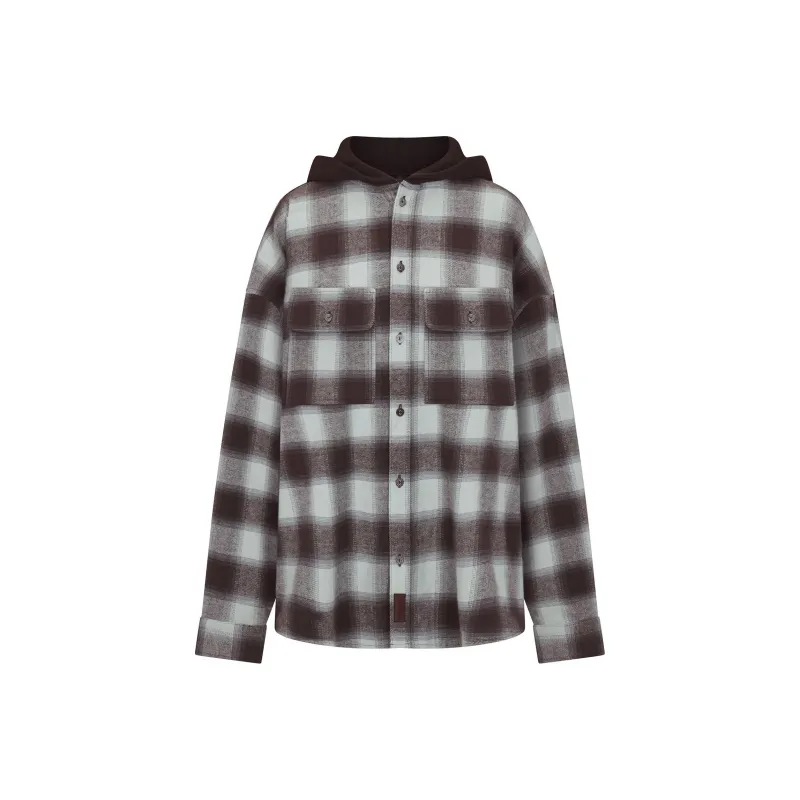 SKIMS Holiday Collection FW24 OUTDOOR FLANNEL OVERSIZED HOODED SHIRT Women's VAPOR SHADOW PLAID/Steam Contour Plaid-0