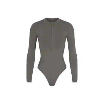 SKIMS CONTOUR NYLON ZIP FRONT LONG SLEEVE BODYSUIT Bodysuits Women's GUNMETAL/Bronze
