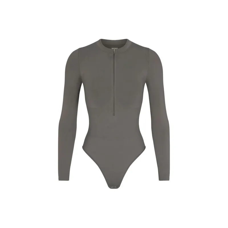SKIMS CONTOUR NYLON ZIP FRONT LONG SLEEVE BODYSUIT Bodysuits Women's GUNMETAL/Bronze-0