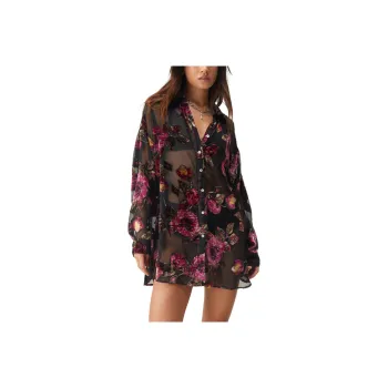 NASTY GAL Devore Oversized Sheer Floral Shirt Shirt Women's Black