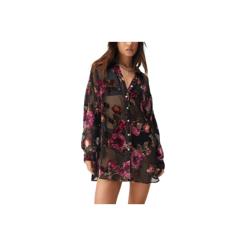 NASTY GAL Devore Oversized Sheer Floral Shirt Shirt Women's Black-0