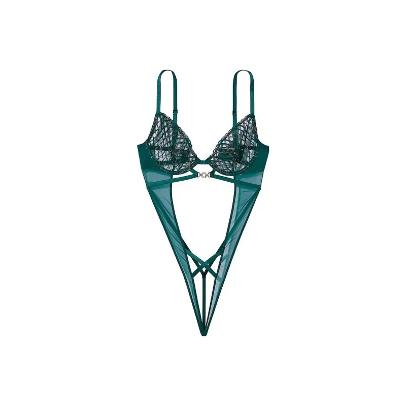 Victoria's Secret VERY SEXY Shimmer Embroidery Crotchless Teddy / Green Jumpsuit Women's Green-0