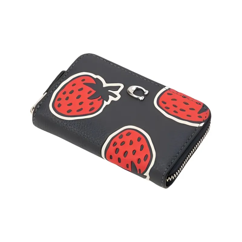 COACH Zip Around Polished Pebbled Leather Wallets Card Holders Small Size Women's Black Multicolor-3
