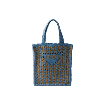 PRADA Viscose Tote Bag, Shopping Bag, Handbag Women's Cerulean & Caramel