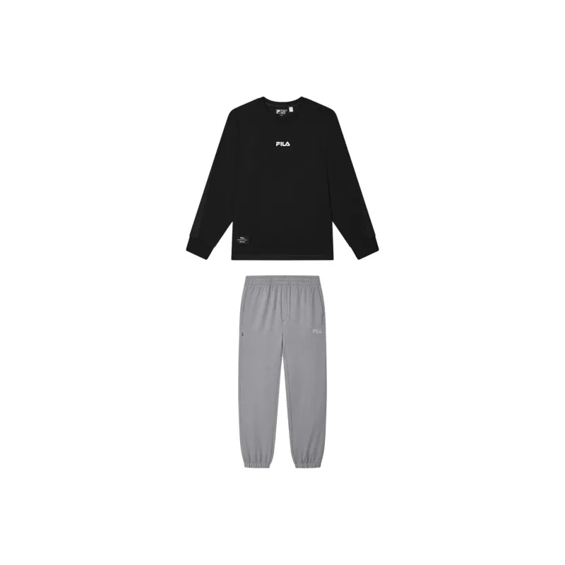 FILA Casual Sportswear Men Clothing Sets Jet Black Top+Cloud Gray Pants-0