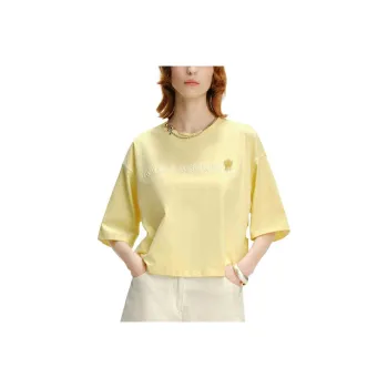 KARL LAGERFELD Solid Color Crew Neck Loose Fit Print Short Sleeved Shirt T Shirt Women's Yellow