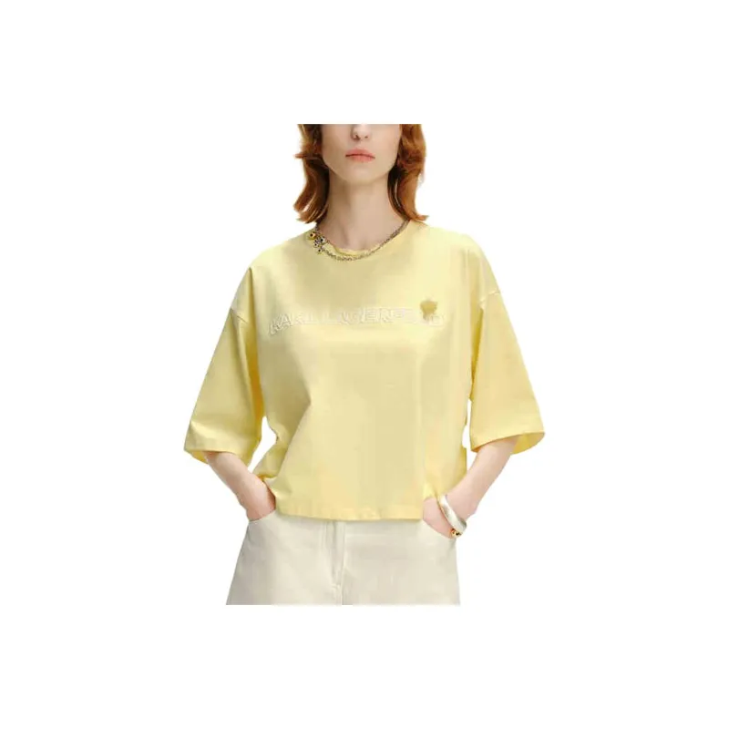 KARL LAGERFELD Solid Color Crew Neck Loose Fit Print Short Sleeved Shirt T Shirt Women's Yellow-0