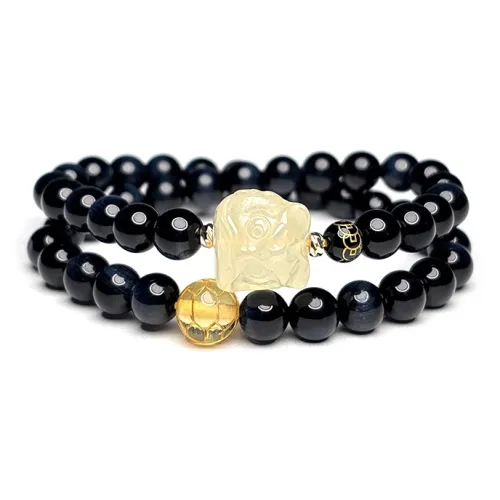 MOUNTAINS AND MANS Natural Tiger's Eye Stone New Chinese Style Stackable Good Luck Beaded Bracelet Men's