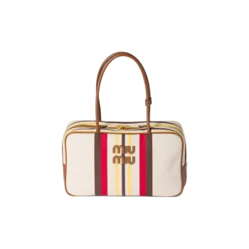 MIU MIU Cotton Handbag, Shoulder Bag Women's Beige & Dark Brown