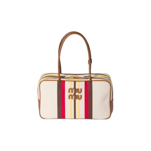 MIU MIU Beau Cotton Handbag, Shoulder Bag Women's Beige & Dark Brown