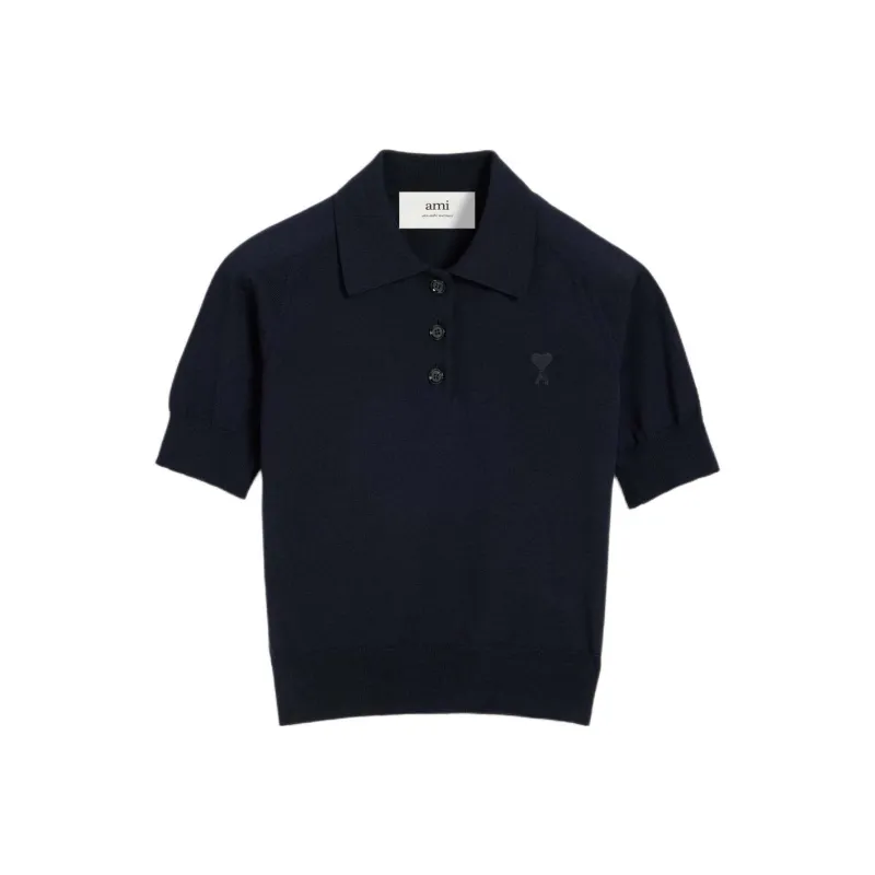 AMIPARIS Ami De Coeur Logo Embroidered Ribbed Polo Top-0