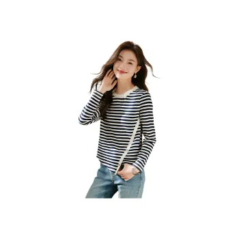 Mo Han Yi Mei Regular T Shirt Women's Navy Blue Stripes