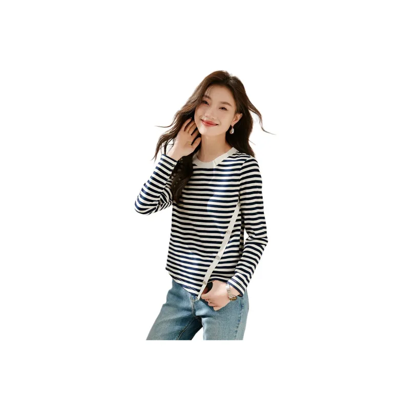 Mo Han Yi Mei Regular T Shirt Women's Navy Blue Stripes-0