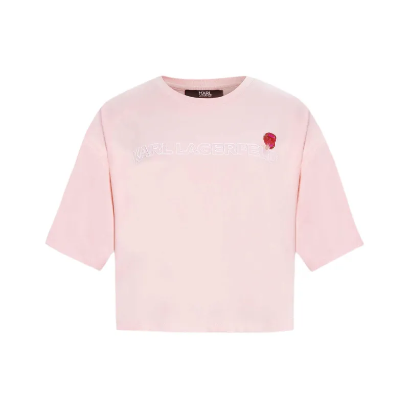 KARL LAGERFELD Solid Color Crew Neck Loose Fit Print Short Sleeved Shirt T Shirt Women's Pink-0
