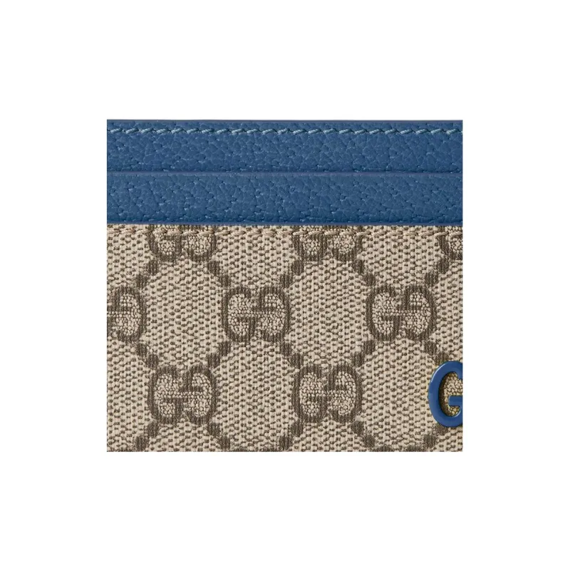 GUCCI Canvas With Leather Trim Card Holder Men's Blue & Dark Brown-4