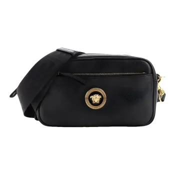 VERSACE Leather Camera Bag Shoulder Bag Crossbody Bag Small Size Men's Black