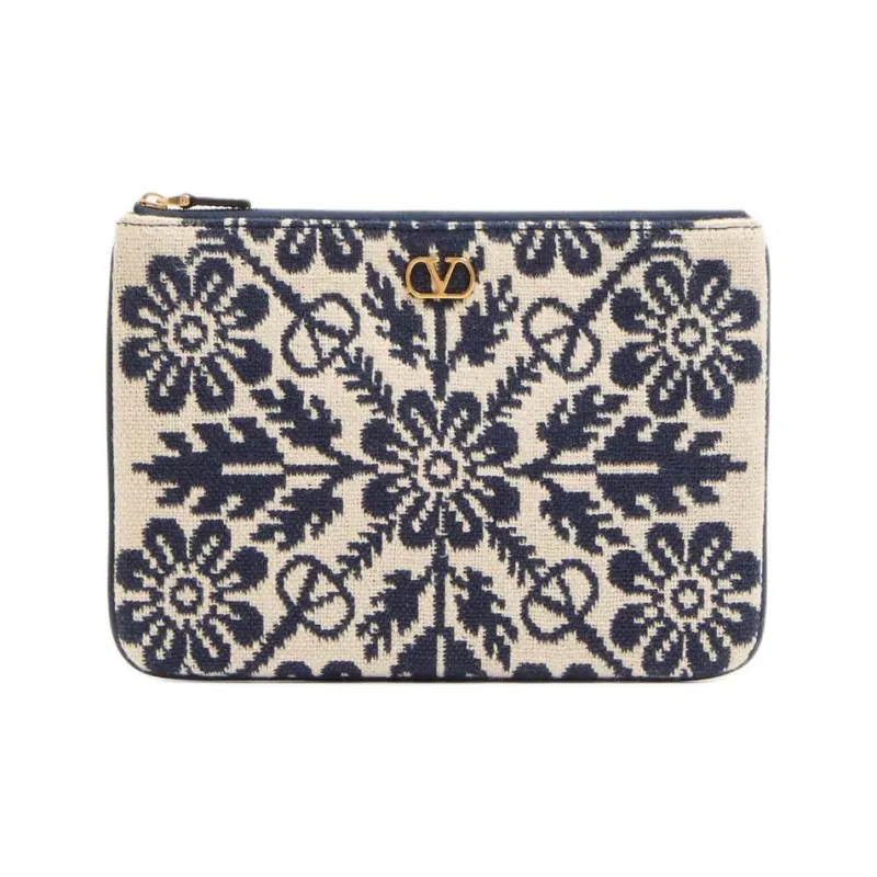 Valentino Vlogo Jacquard Fabric Clutch Women's Beige & Blue-0