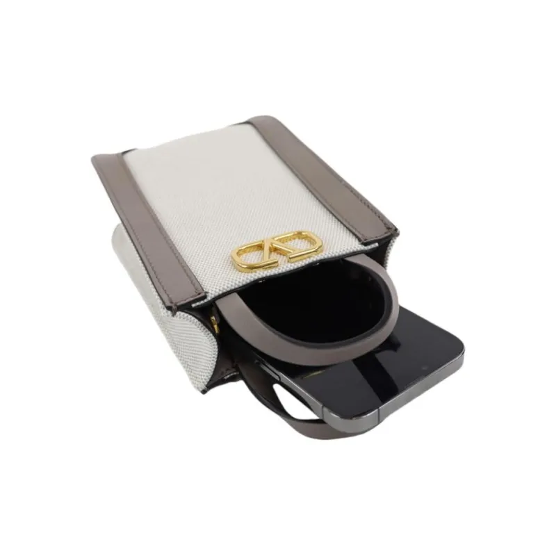 Valentino Vlogo Canvas Shoulder Bag, Crossbody Bag, Handbag Mini Women's Gray & Coffee-4