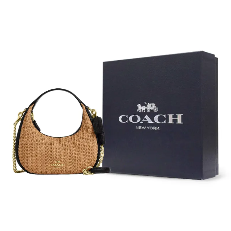 COACH CARMEN Straw With Leather Shoulder Bag, Crossbody Bag, Handbag Mini Women's Khaki & Black-9