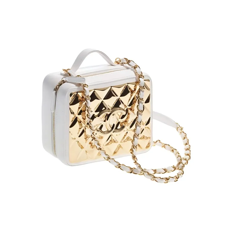 CHANEL Lambskin Box Bag, Makeup Bag, One Shoulder Handbag, Crossbody Bag Women's White-1