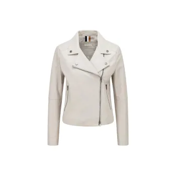 HUGO BOSS Biker Jacket In Olivenleder® With Monogram Lining Jackets Coats Women's Gray