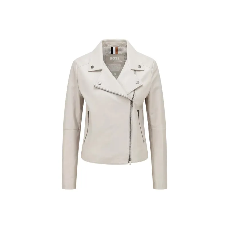 HUGO BOSS Biker Jacket In Olivenleder® With Monogram Lining Jackets Coats Women's Gray-0