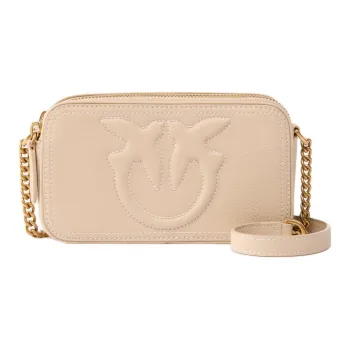 PINKO Cow Leather Shoulder Bag Small Size Women's Beige Pink