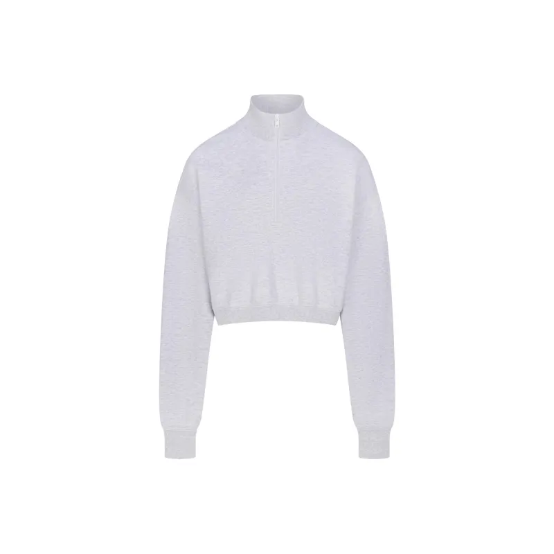 SKIMS FW24 COTTON FLEECE CROPPED HALF ZIP PULLOVER Sweatshirt Women's Light Heather Grey/Ash Gray-0