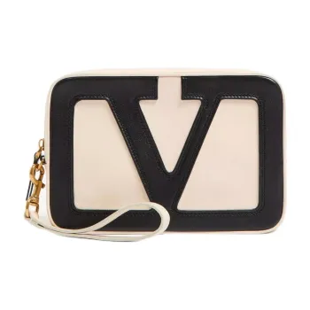Valentino Nappa Leather Handbag Clutch Women's Cream White & Black