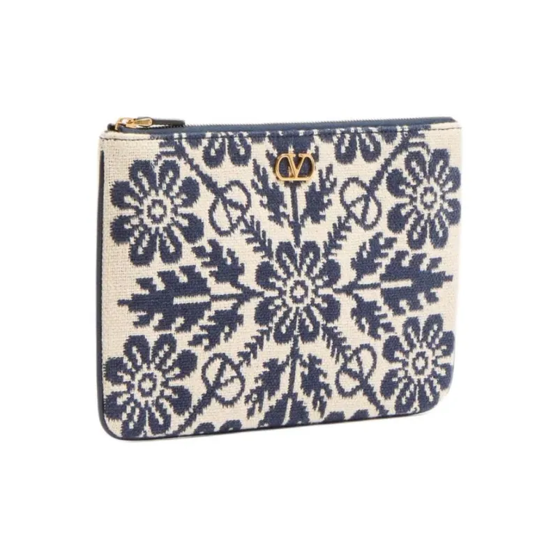 Valentino Vlogo Jacquard Fabric Clutch Women's Beige & Blue-1