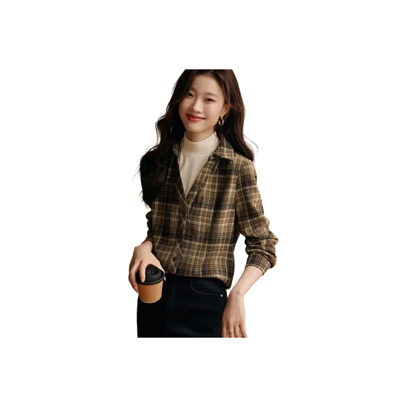Mo Han Yi Mei Shirt Women's Green Coffee Plaid-0