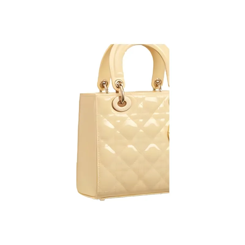 DIOR Patent Leather Calfskin Lady Dior Bag, Shoulder Bag, Crossbody Bag, Handbag Small Size Women's Light Yellow-3