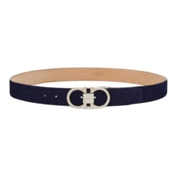 FERRAGAMO Suede Calfskin, Palladium Plated Metal Leather Belts Men's Blue 3.3CM