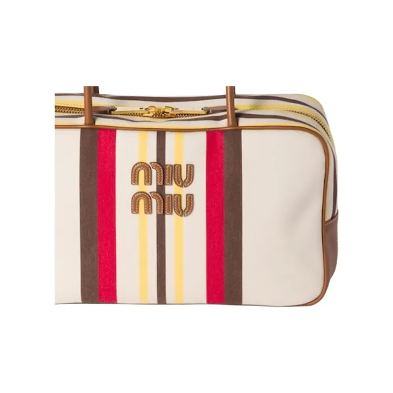 MIU MIU Beau Cotton Handbag, Shoulder Bag Women's Beige & Dark Brown-4