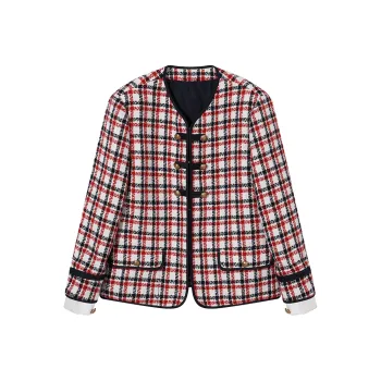 Ouyang Jackets & Coats Women's White Base Red Blue Plaid