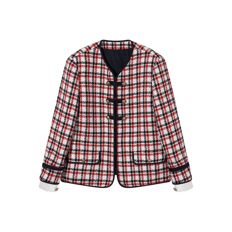 Ouyang Jackets & Coats Women's White Base Red Blue Plaid-0