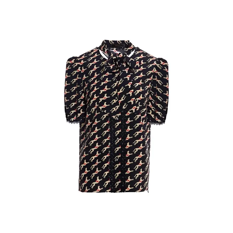 BESIONIA Animal Print Single Breasted Short Sleeved T Shirt Women's Black Pattern-0