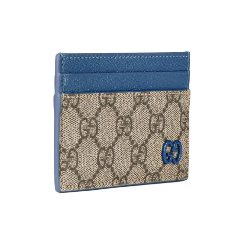 GUCCI Canvas With Leather Trim Card Holder Men's Blue & Dark Brown-1