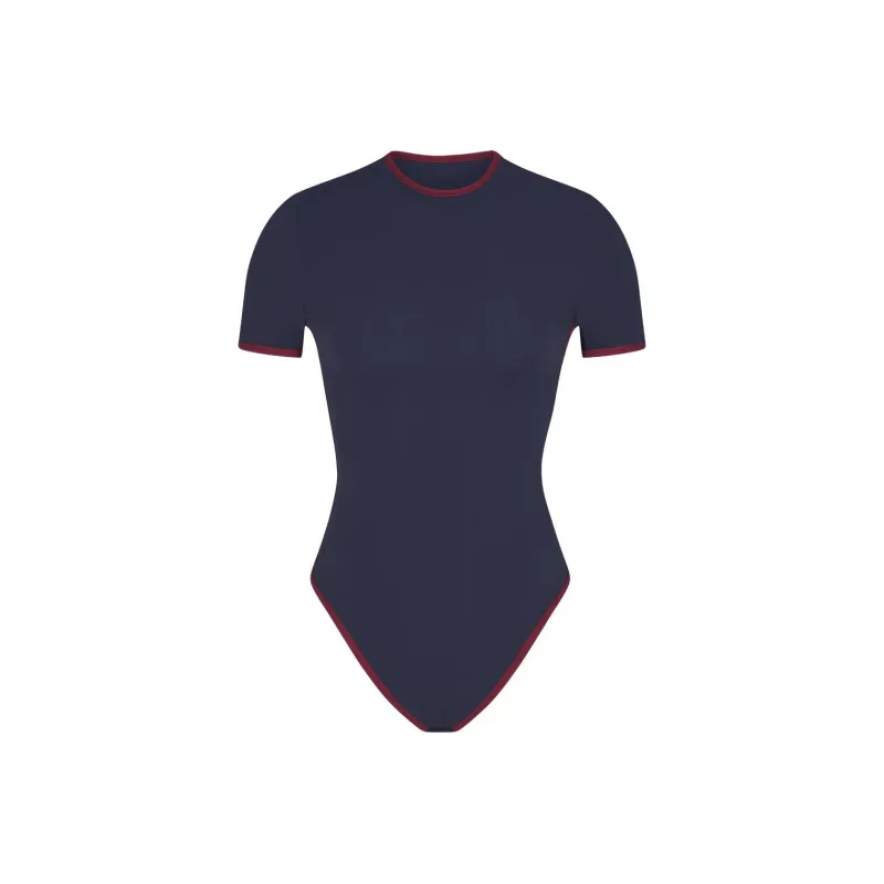 SKIMS FITS EVERYBODY CONTRAST TRIM T SHIRT BODYSUIT Jumpsuit Women's NAVY/Marine Blue-0