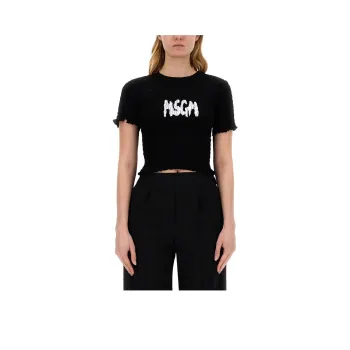 MSGM Logo-Printed Smocked Cropped Top